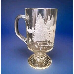 Avon Through The Woods Frosted Winter Scene Irish Coffee Glass Sleigh Ride VTG
